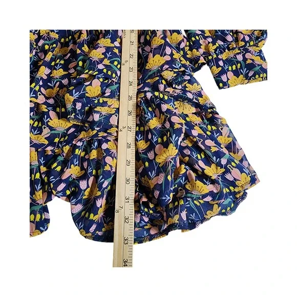 Kendall + Kylie Floral Ruffle Mini Dress Navy Blue Yellow Pink Long Sleeve 12/14 - Picture 4 of 9